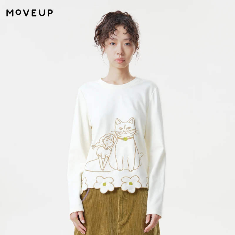 MOVEUP Women's Crew Neck Long Sleeve T-Shirt 2026 Autumn Cat & Girl Embroidery Floral Scalloped Hem Loose Casual Top 3ELQ10529