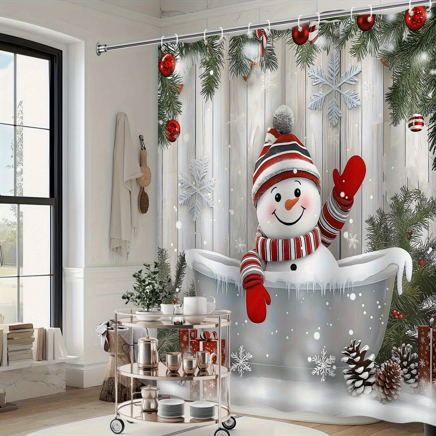 Winter Snowman Snowflake Pine Branch Christmas Shower Curtain w/ Hooks, Soft Fade Resistant Window Curtain for Bathroom