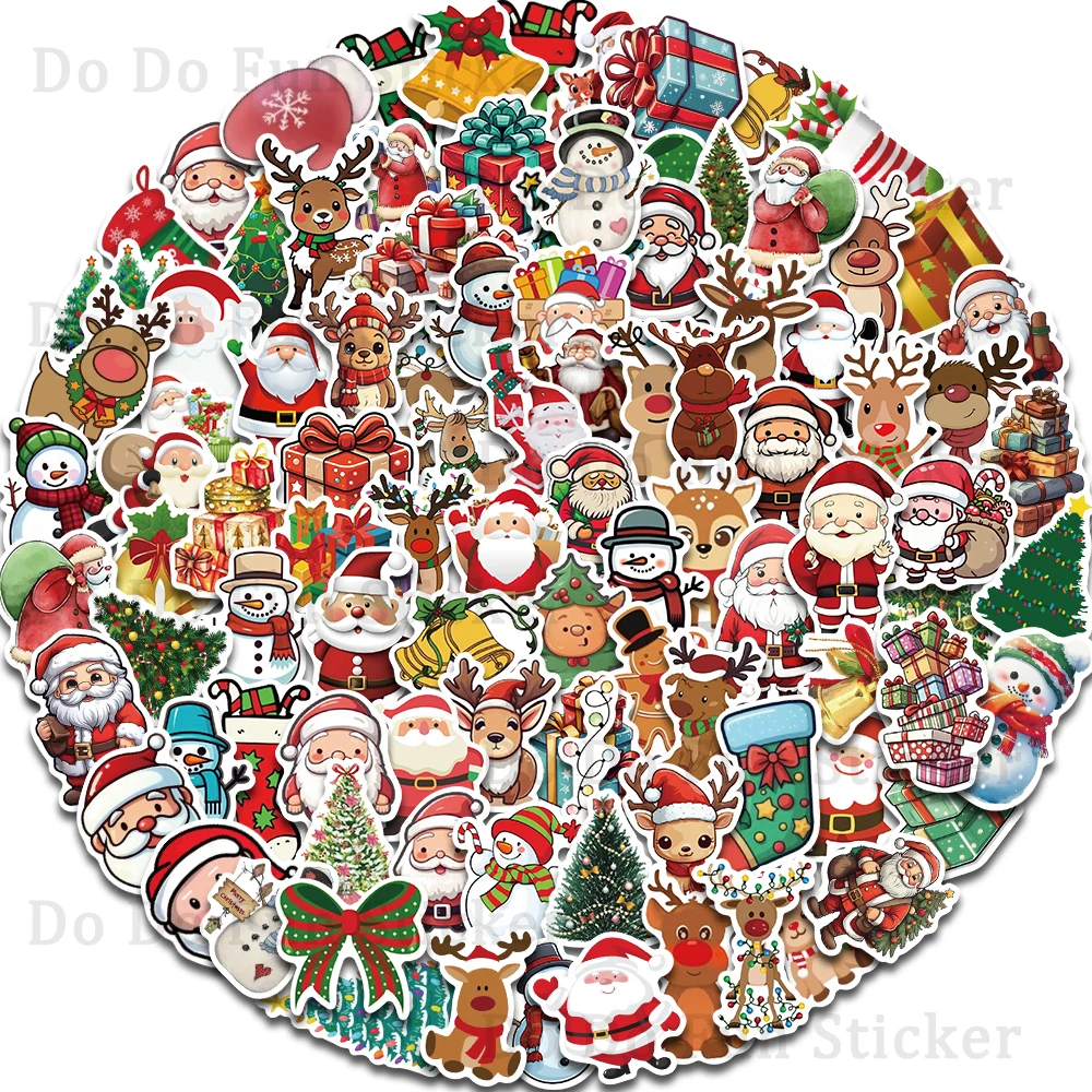 100PCS Cartoon Christmas Stickers Collection Waterproof Creative Santa Claus Elk Gift Christmas Tree Gingerbread Man Bell Socks