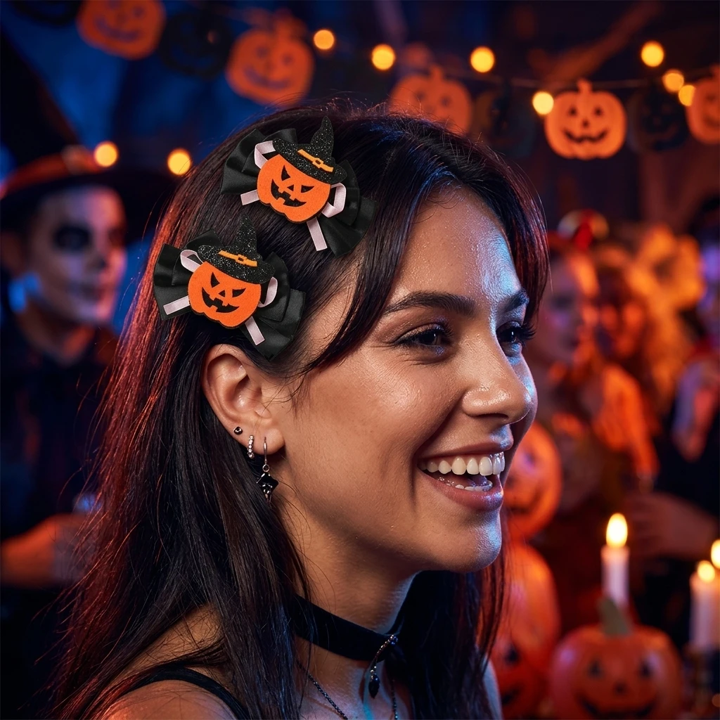 2pcs Halloween Pumpkin Hair Clips Black Bowknots Shaped Barrette Dark Sweet Cool Style Women Girls Party Cosplay Headdress