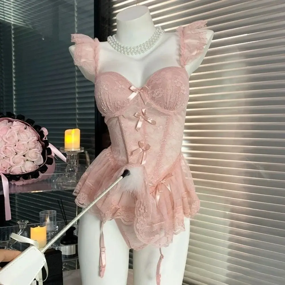 

Милое кружевное белье с бантом, женское сетчатое кружевное ночное белье с воланами, ночная рубашка, прозрачное прозрачное ночное платье, подарок