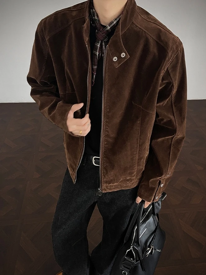 

Куртка Ele RetroHarn из вельвета и кожи с воротником-стойкой, коричневая, в американском стиле, молодежная, повседневная, ветрозащитная