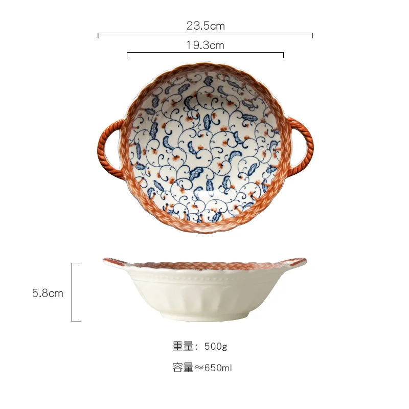 700ml Japanese Household Noodle Bowl Ceramic Soup Bowl With Handle Salad Pasta Bowl Kitchen Tableware Microwave Oven Bakware