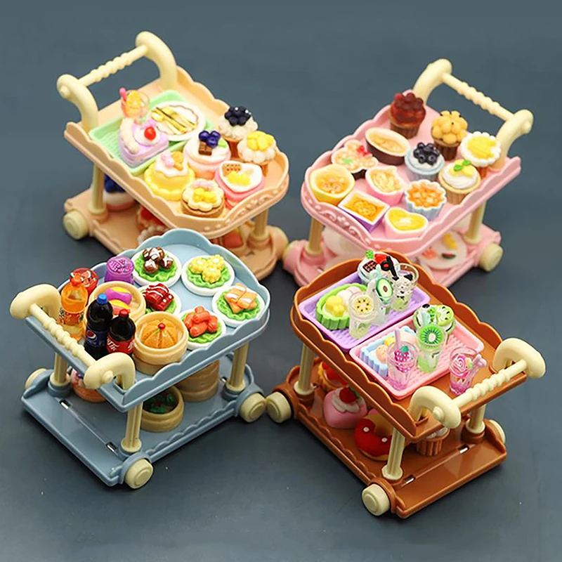 Cute Doll House Decoration Toy 1:12 Mini Trolley Dining Cart Dollhouse Storage Shelf Kitchen Model Ornaments Furniture Accessory