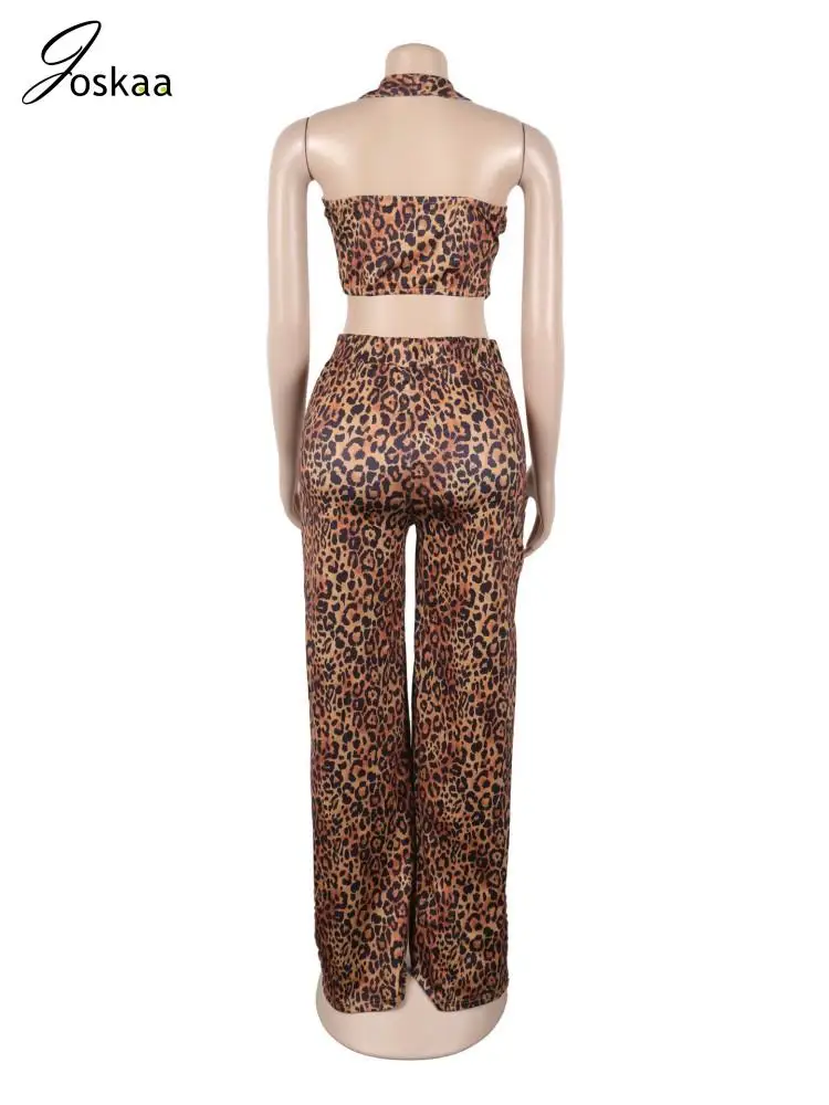 Joskaa-Conjunto de 2 piezas con estampado de leopardo para mujer, camisetas sin mangas asimétricas sexys Hipster con cuello Halter y pantalones de pierna ancha a juego, ropa de calle Y2K 2025