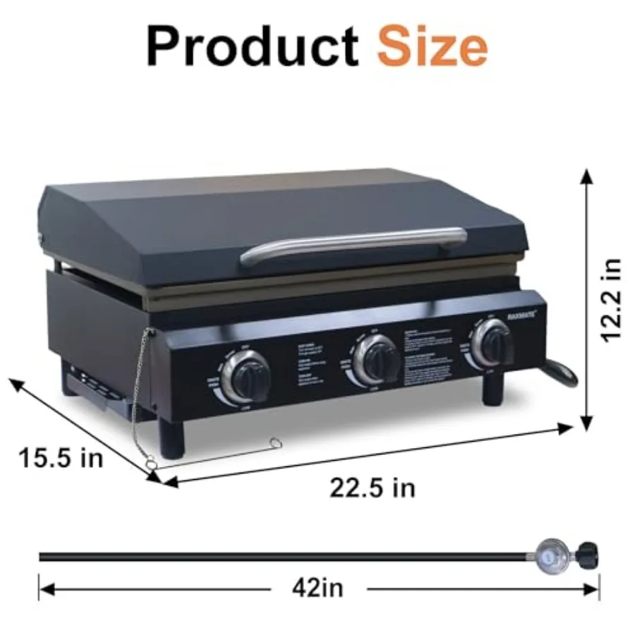 Portable Propane Griddle with Lid 22 Inch 3 Burners Outdoor Flat Top Gas Grill 30 000 BTU Tabletop BBQ Griddle for Camping RV T