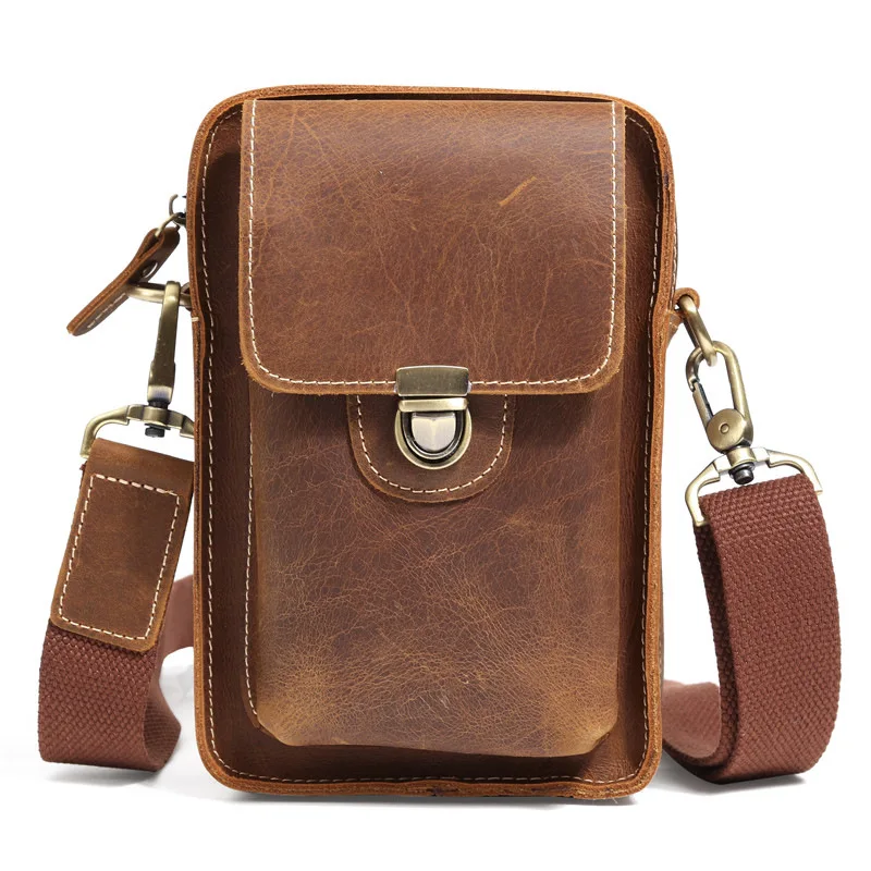 3614 Men's Retro Crazy Horse Leather Waist Bag, Casual Genuine Leather Head Layer, Cowhide Crossbody, Outward Travel