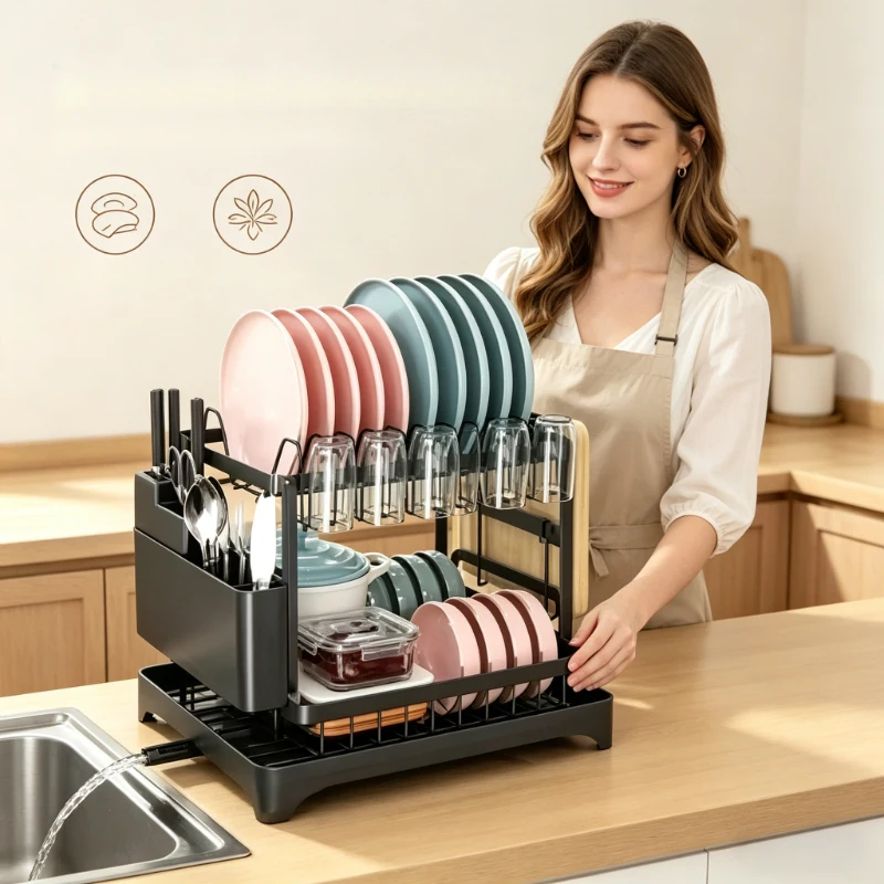 

Multifunctional Kitchen Sink Dish Drying Rack, Countertop Tableware Storage Organizer with Knife Holder & Drain Basket