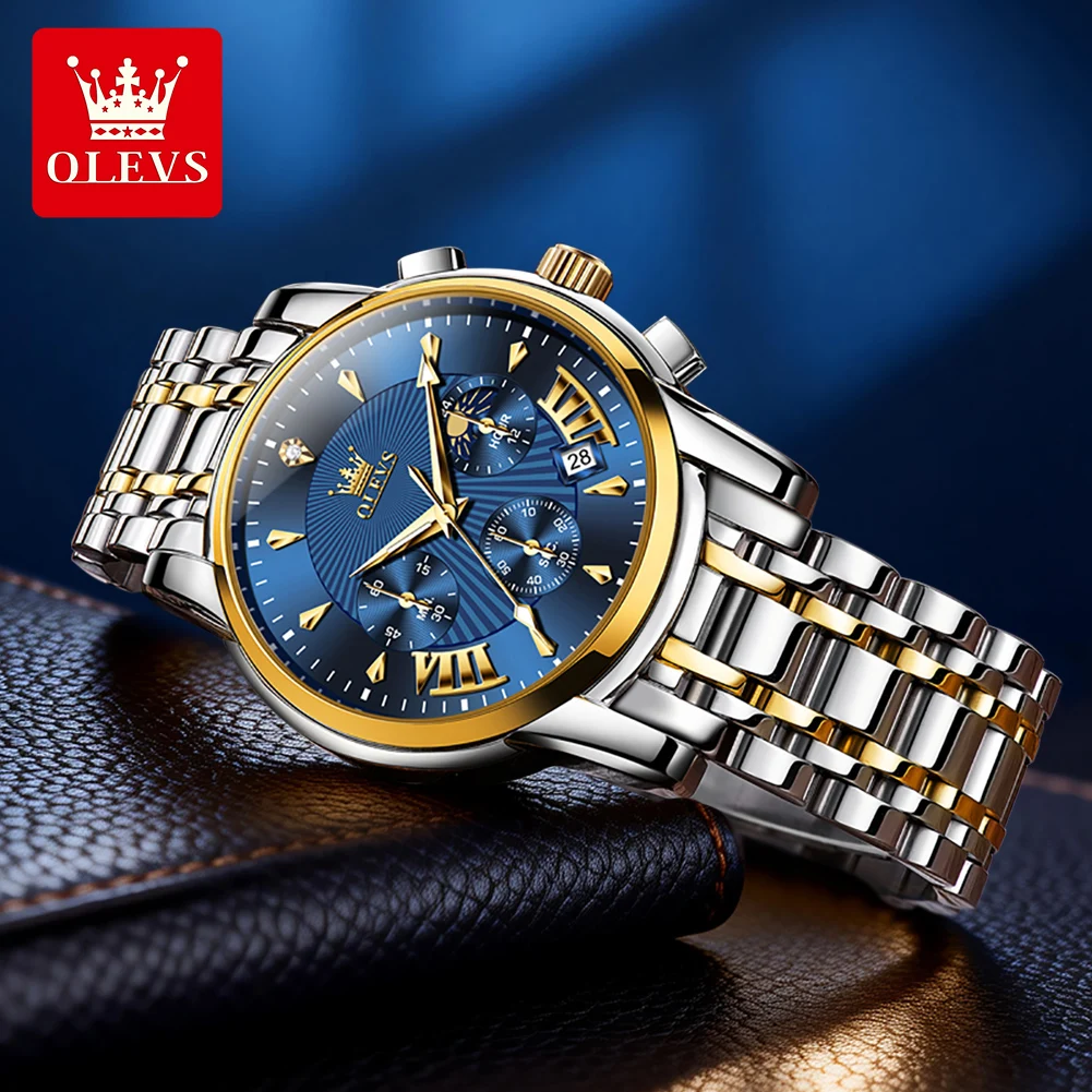 OLEVS 2892 Original Quartz Movement Men Watch 24-hour Moon Phase Timing Function Calendar Window Night Light Function 30m Waterproof Watch For Men