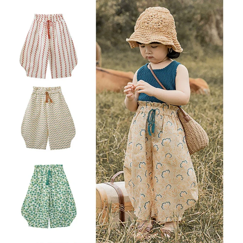 Pantalones florales informales para niños, pantalones sueltos cómodos y finos, estilo campiña, Verano