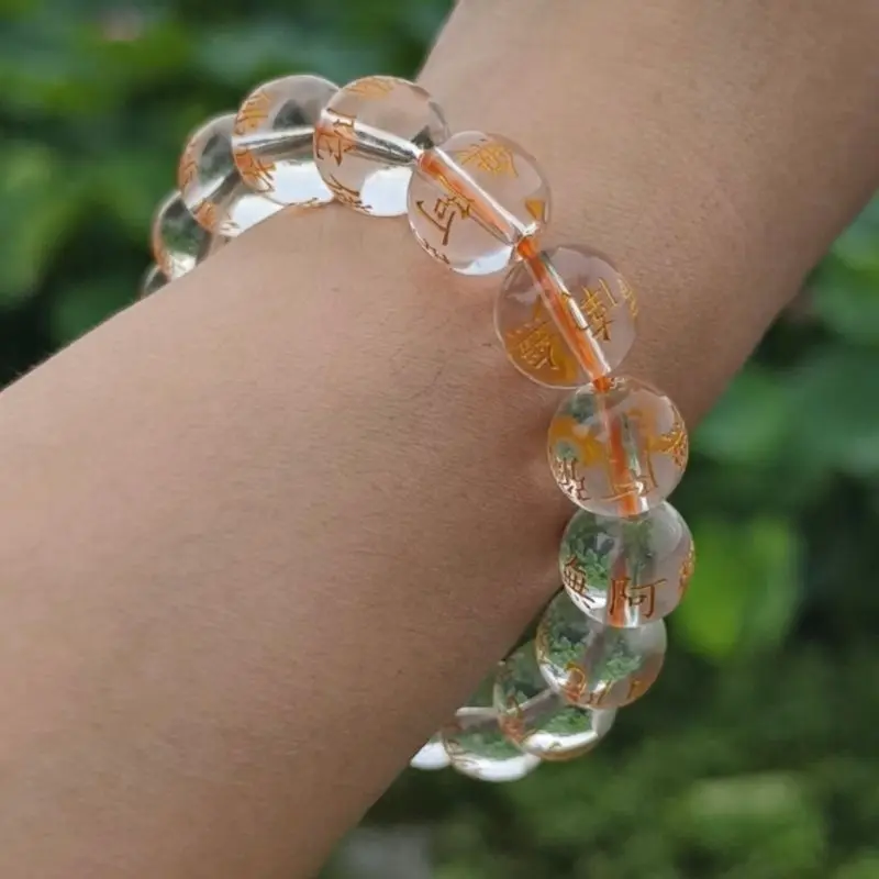 Namo Amitabha White Crystal Bracelet Each Carved Six Character Name Buddha Bead 12MM Carved Character Edge Blessing Hand String
