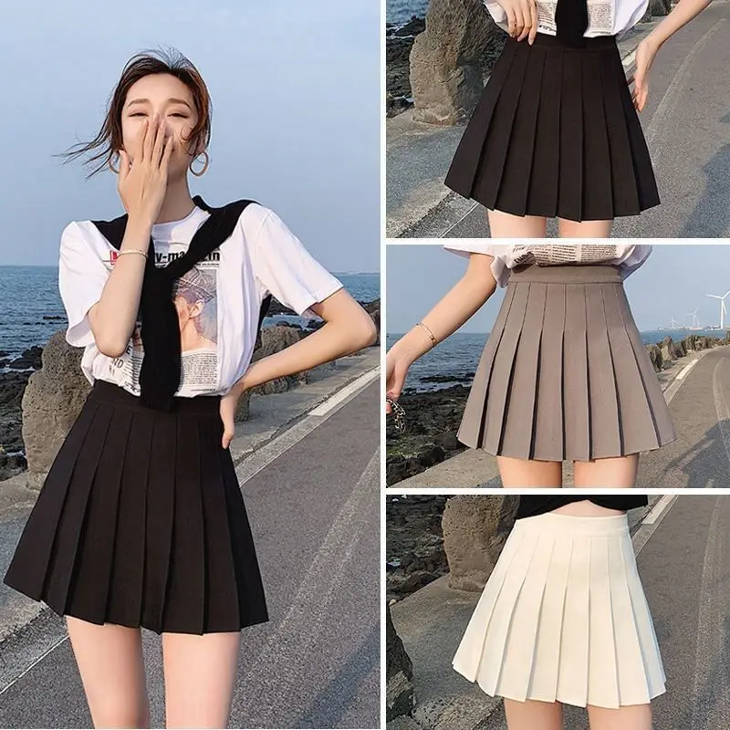 2024 Summer New Women Slim Solid Color Pleated Short Skirt College Style Pure Want To High-waisted Skinny-proof A- line Clothing