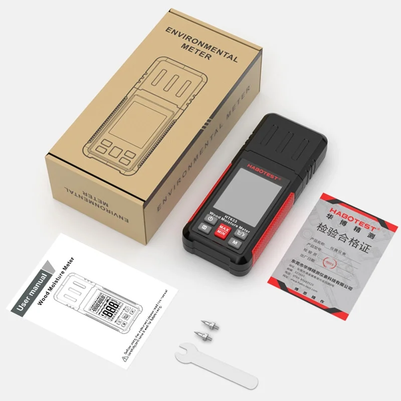 Habotest HT633 DC Resistance Pin-Type Wood Moisture Meter Measure Building Materials for Humidity Temperature for Wood Moisture
