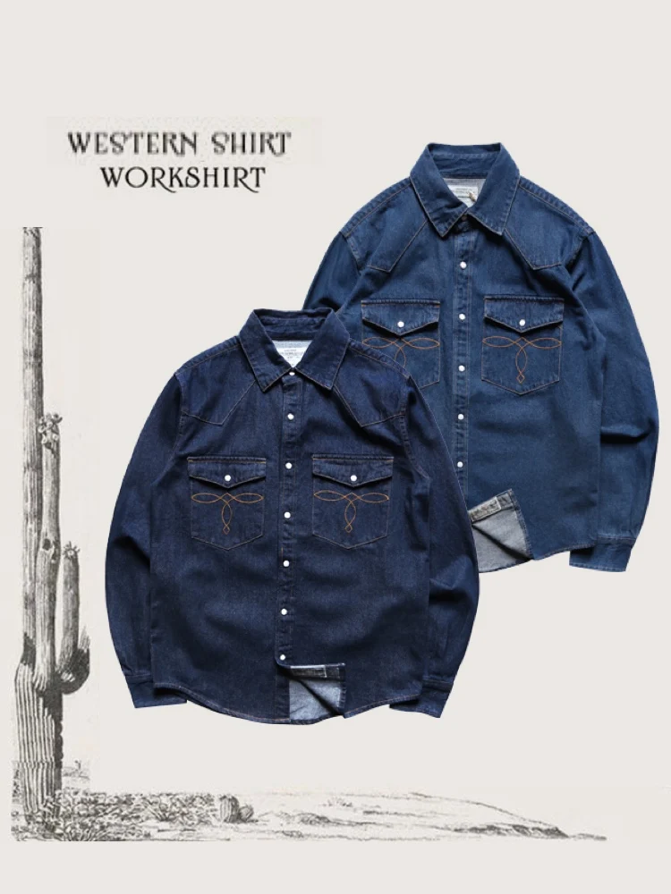 

RRL Sle Heavyweight Blue Dye Denim Western irt Классическая сумка с цветочным принтом в американском стиле ретро Ковбойский хлопок Long Sve Faion Ci Y...
