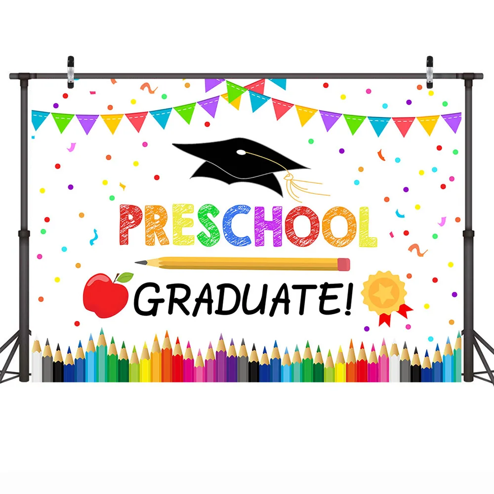 Preschool Graduate Backdrop Kindergarten Back to School Party Background Photo Rainbow Pencil Book Grad Ceremony Banner Props