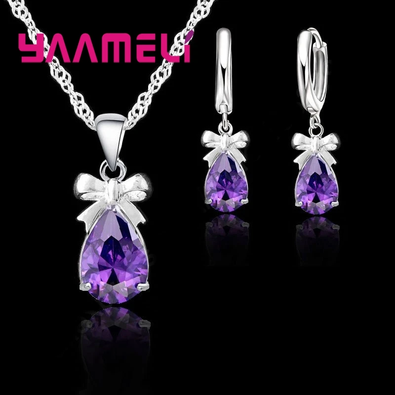 925 Sterling Silber Frauen Wasser Tropfen Austrian Kristall Anhänger Halskette Ohrringe Schmuck-Set Für Hochzeit Engagement Geschenk
