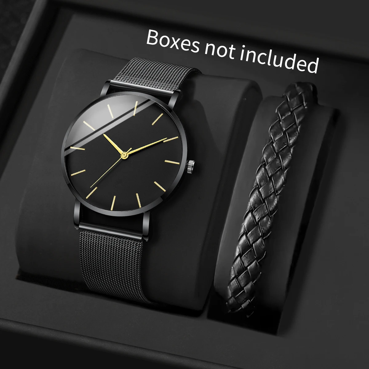 2PCS Fashion Ultra Thin Mesh Band Men Business Watches Simple Quartz Wristwatch Leather Bracelet Set Reloj Hombre（Without Box）