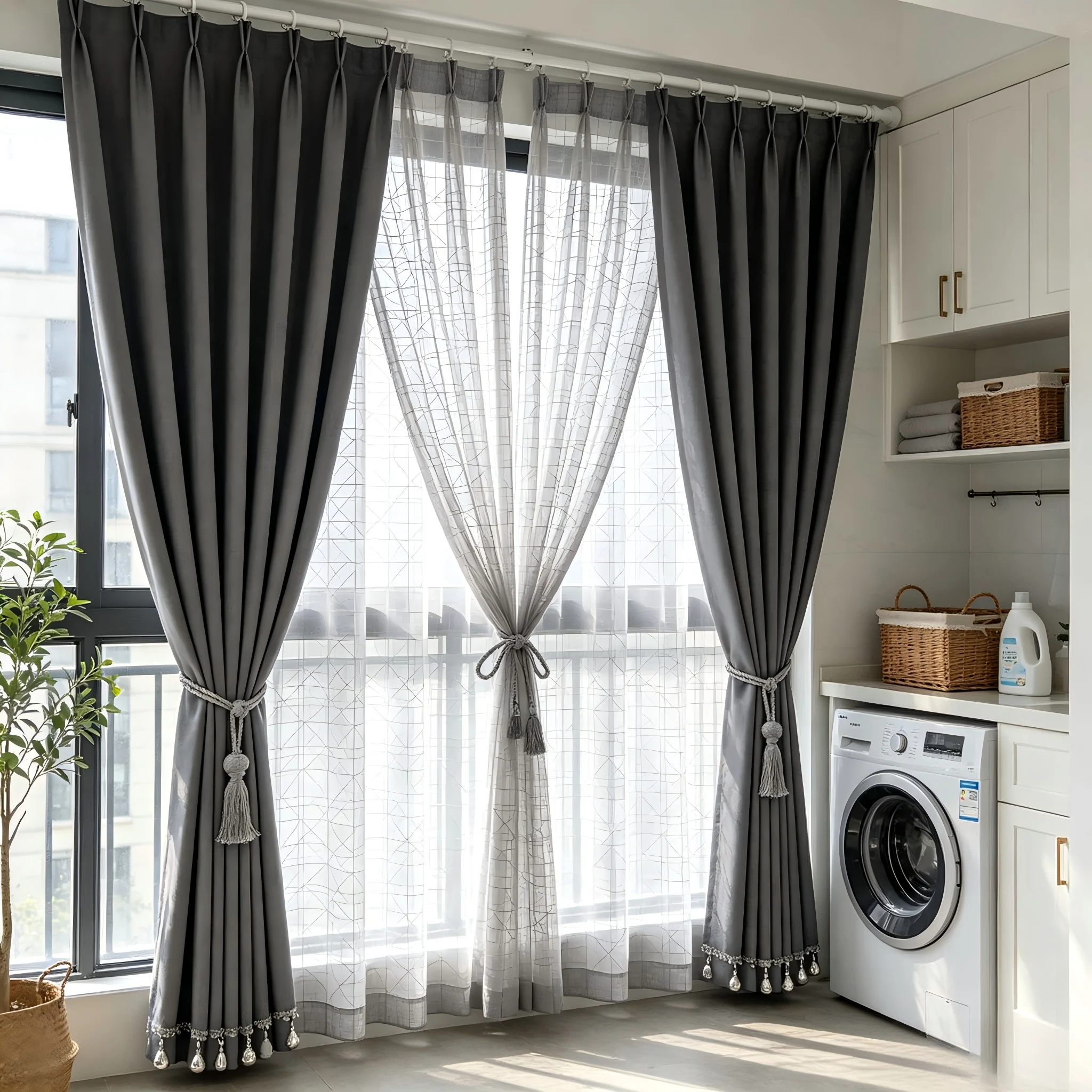200303    Modern balcony laundry area dark grey waterproof polyester light grey yarn geometric grid patterned curtains