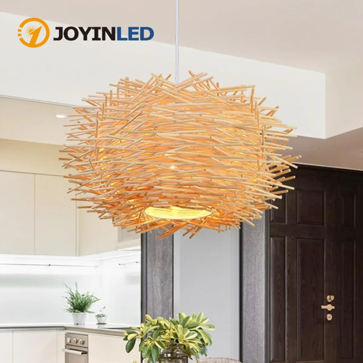 JOYINLED 30cm Vintage Rattan Chandelier, Hand-Woven Bird Nest Pendant Light, Natural Woven Ceiling Lamp E27 Lighting Fixture