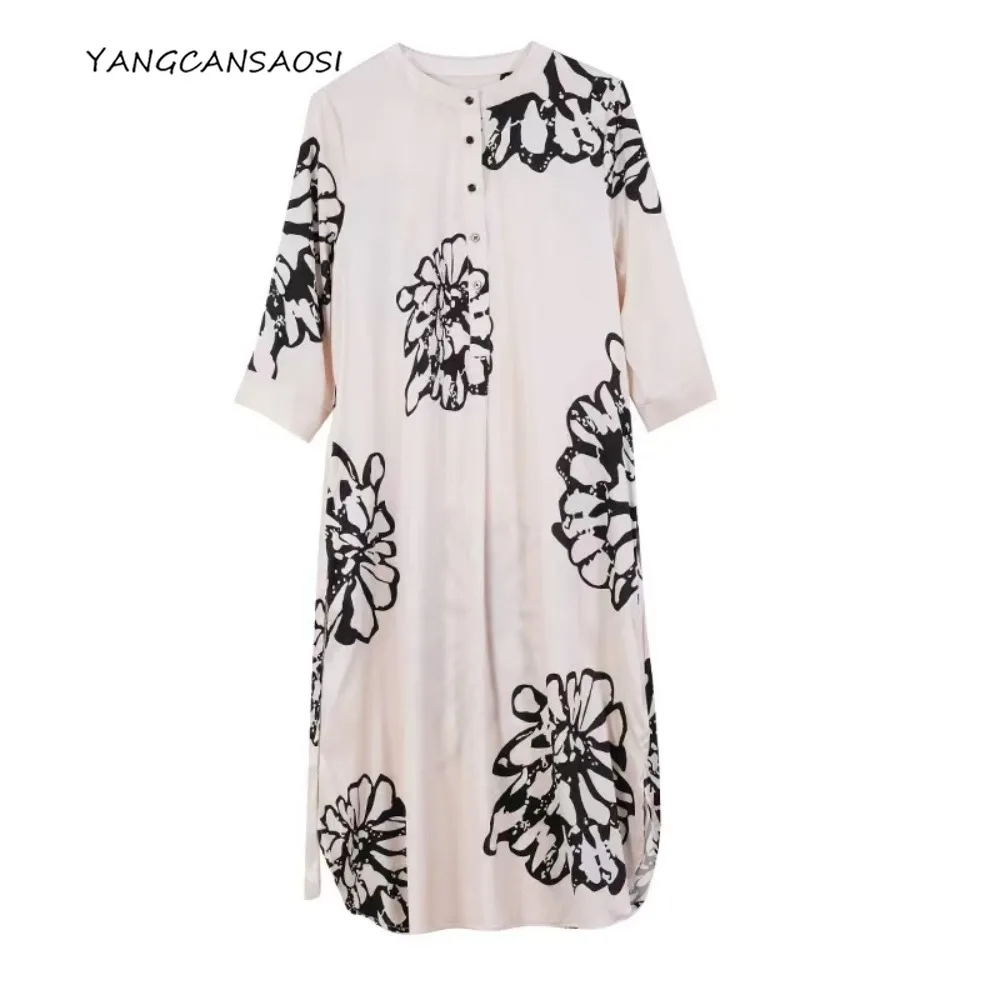 

Women's Fashion New 91.8% Natural Mulberry Silk Elastic Satin Shirt Style Stand Collar Three-quarter Sleeve Party Print Dress