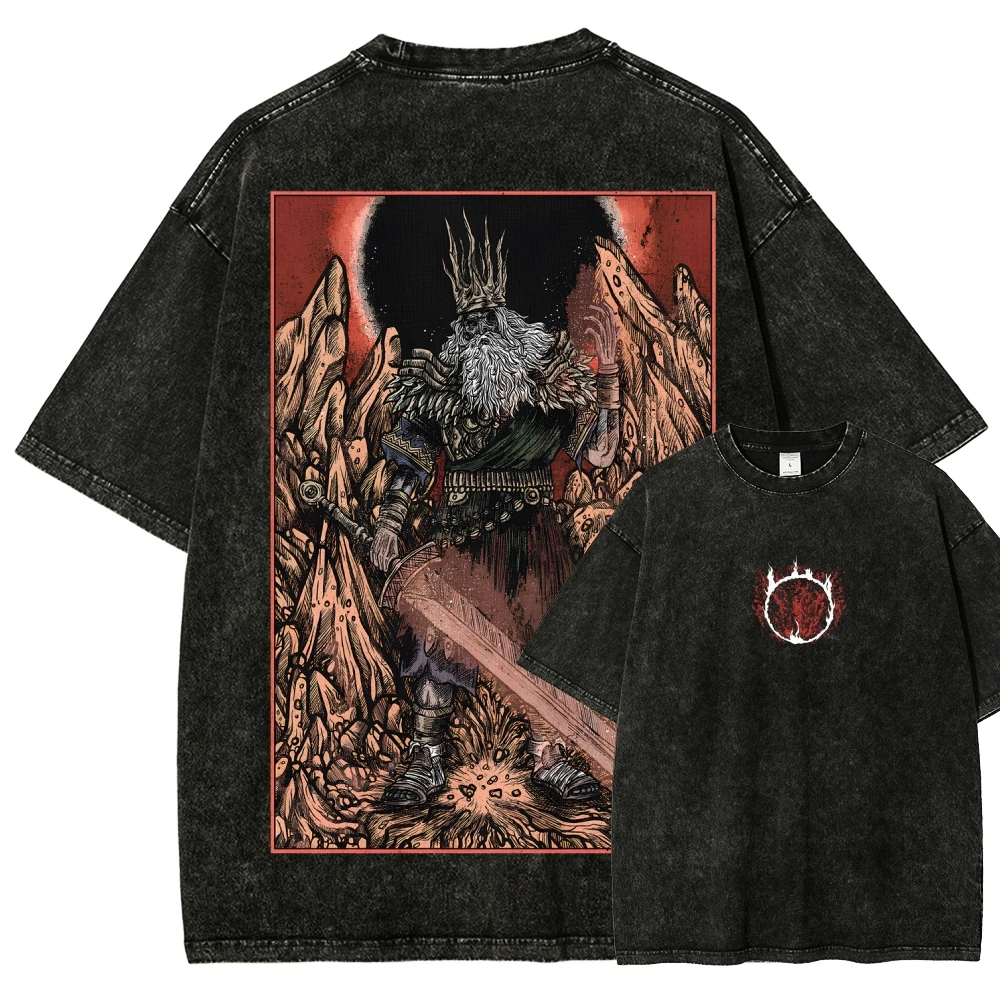 Classic Action Role-playing Game Dark Souls Graphic Print T-shirt Men Women Vintage Washed O-neck Cotton Streetwear Harajuku Top