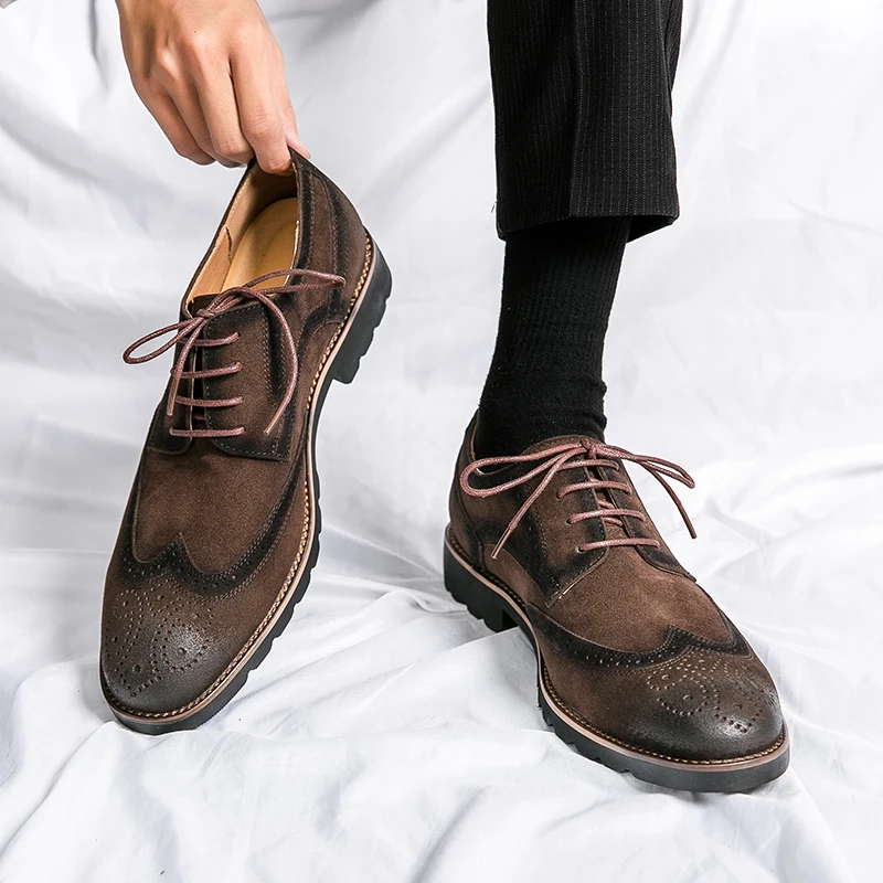 New Men Dress Shoes Brogue Shoes Flock Round Toe Lace-up Office & Career Men Shoes  Size 38-46