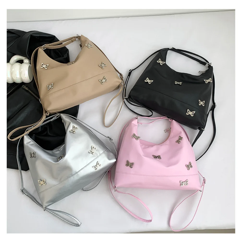 New Women Butterfly Tote Bag Fashion Underarm Shoulder Bag Large Capacity Soft Pu Leather Retro Casual Y2K Silver Crossbody Bag