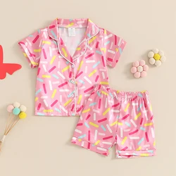 Kids Girls Pajamas Set Dog Butterfly Print Short Sleeve Turn-down Collar Tops with Elastic Waist Shorts Sleepwear