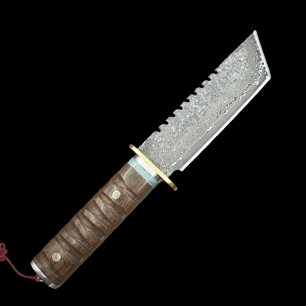 النمط الياباني تانتو دمشق بليد خشب الورد مقابض سكين الصيد ، التخييم EDC أدوات يدوية الدفاع عن النفس في الهواء الطلق بقاء السكاكين