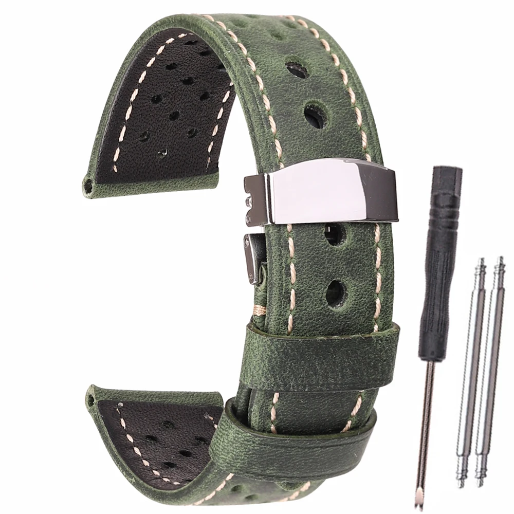 Breathable Genuine Leather Watchband 20mm 22mm 24mm For Smart Watch Strap Brown Coffee Black Green Cowhide Band Accessories