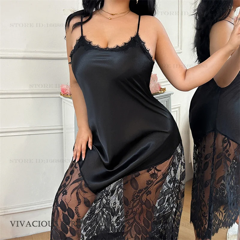 Sexy Hollow Out Lace Suspender Nightgown Women's Lingerie Sleepwear Summer New Nightdress Homewear Silky Satin Nightie Big Size