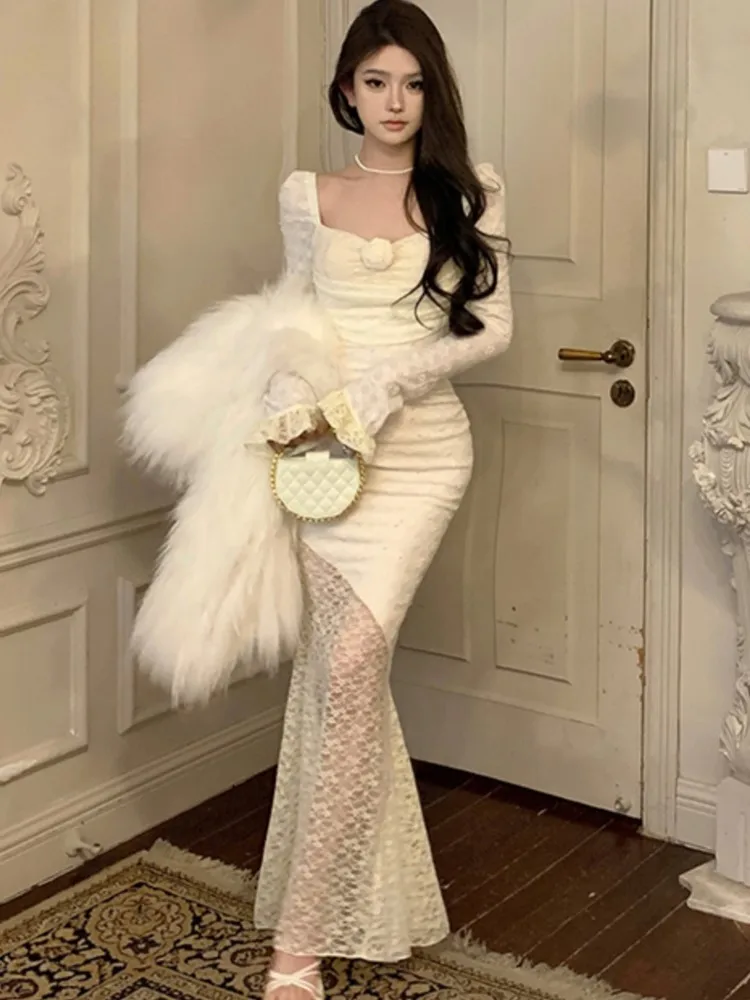 Sexy Lace Square Collar Long Dress Autumn Floral Slim Waist Coquette Bodycon Female Clothes Vestidos Party Prom Evening Robe
