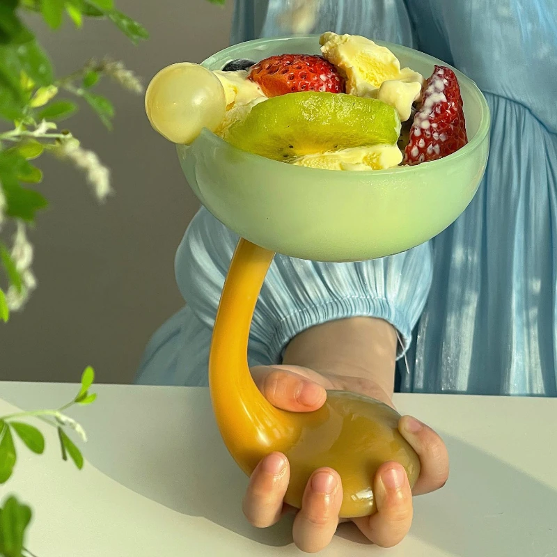 Creative Colorful Glass Goblet Ice Cream Bowl Glass Cup Cold Drink Fruit Tea Dessert Cup Decorative Drinkware Water Bottle