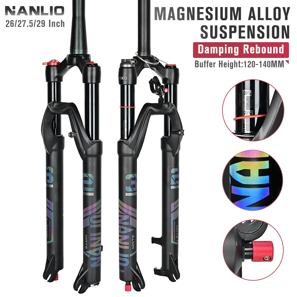 Nanlio Bike Suspension Fork 140mm Travel 26/27.5/29 Inch Damping Rebound Adjustment Aluminum Alloy Ultra-light Oil and Gas Fork