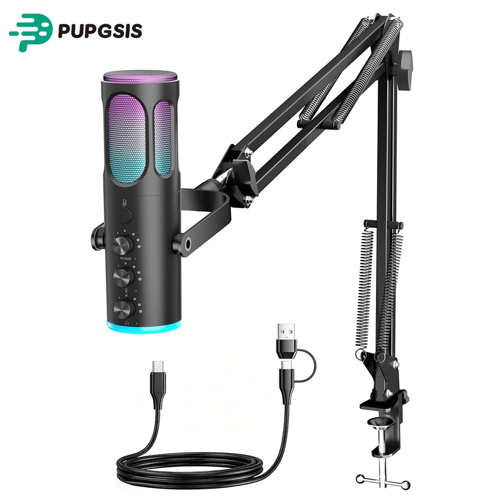 Microphone de jeu PUPGSIS pour PC, micro à condensateur USB pour PS4/5 et Mac, microphone d'ordinateur avec suppression du bruit, fonction mute, réverbération, bras articulé réglable, filtre anti-pop pour streaming/podcasting/enregistrement/YouTube