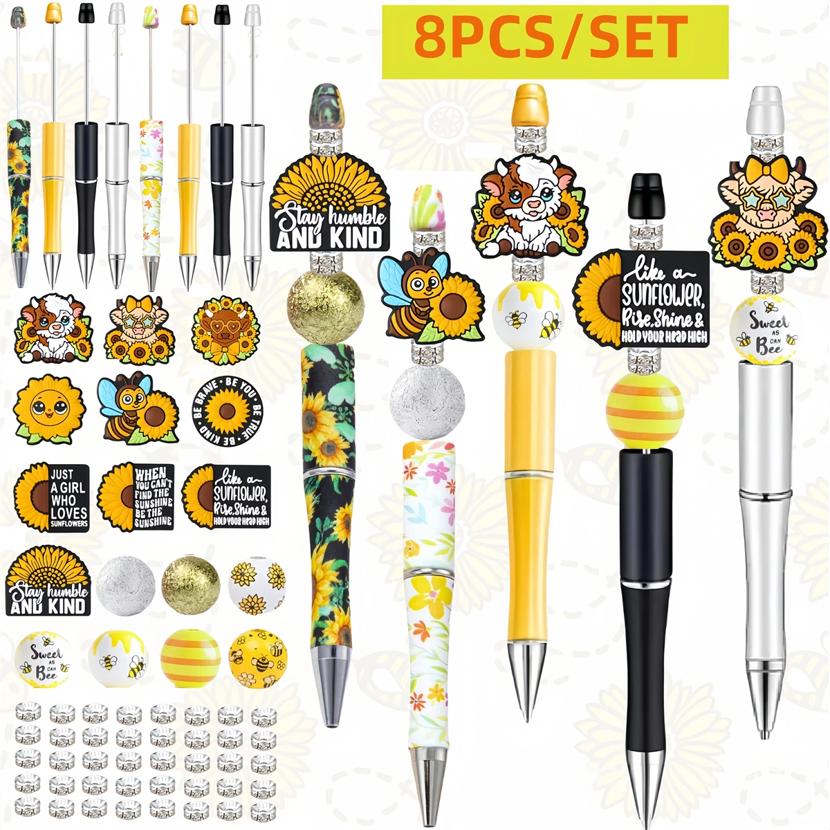 8 PCS Colorful Spring Sunflower, Butterfly Themed DIY Bead Ballpoint Pen Silicone Bead Acrylic Bead Set, Office & Study Supplies