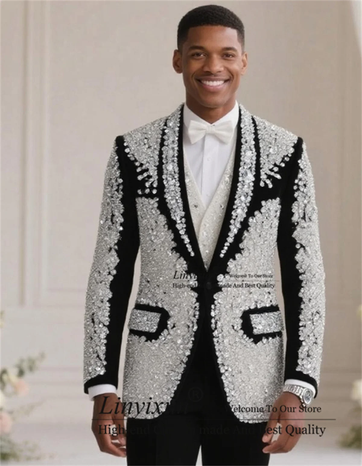 

High End Appliques Diamond Men Suits Shawl Lapel Groom Tuxedos 2 Pieces Sets Wedding Party Prom Blazer Customized Ropa Hombre