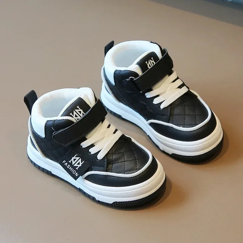 

Children Spring Autumn Grid Pressed Casual Board Shoes Girls Fashion Sneakers Boys High Top Velcro Kids Soft Soled White Shoes
