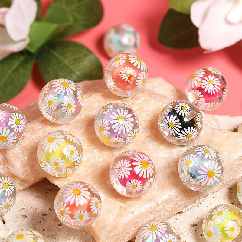 Fresh New Colorful Daisy Flowers Painting Round Acrylic Gumball Beads Fit Ornament Accessories Fashion Pen Making 100pcs 16mm