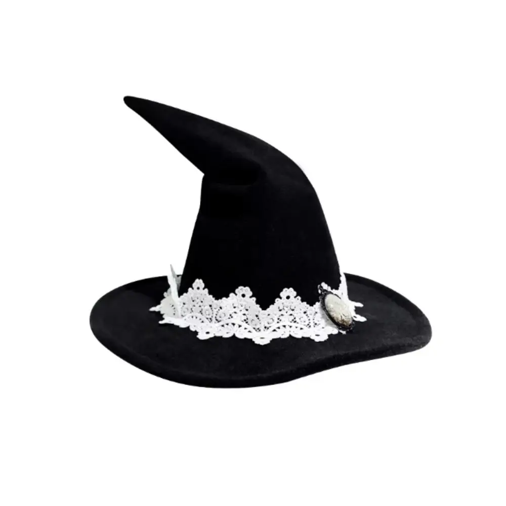 Vintage Lace Witch Hat Lace Trim Tree Of Life Badge Gothic Witch Hat Elegant Black Victorian Style Wizard Hat Costume Headpiece