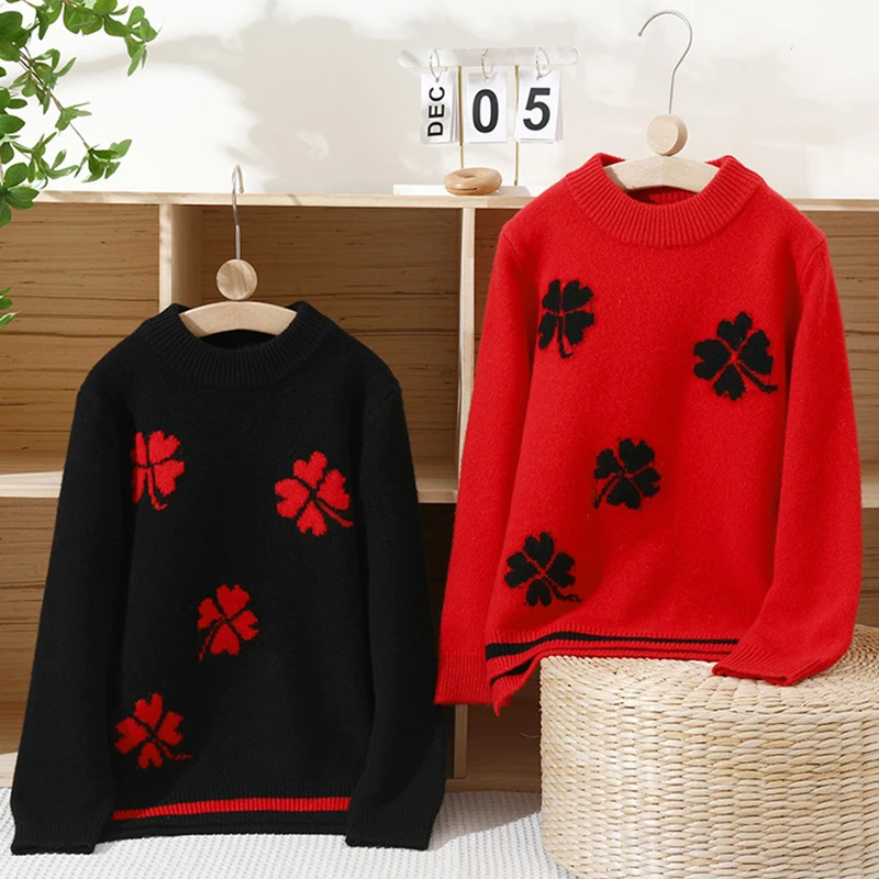 

100% wool Boys sweater Childrens winter warm wool sweater Kids printing O-neck Cashmere Girls pullover Wool clothes Boys Tops
