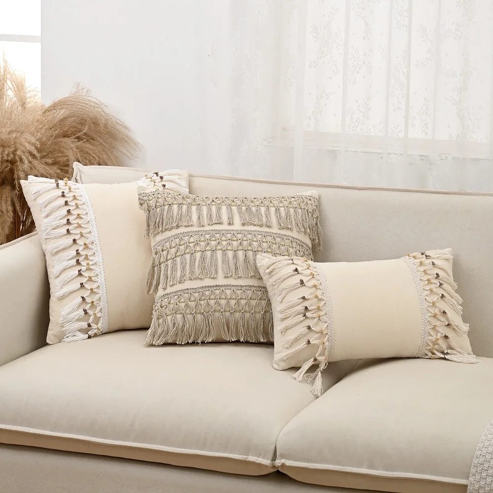45x45/50x30cm Beige White Boho Tassel Cushion Cover Woven Macrame Throw Pillow Cover Decorative Sofa Pillow Case