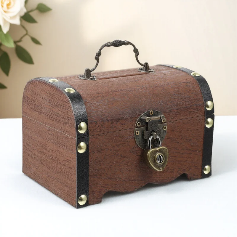 

Vintage Wooden Metal Treasure Box With Lock Storage Case For Coins Piggy Bank Gift Small Pirate Chest Decor Organizer