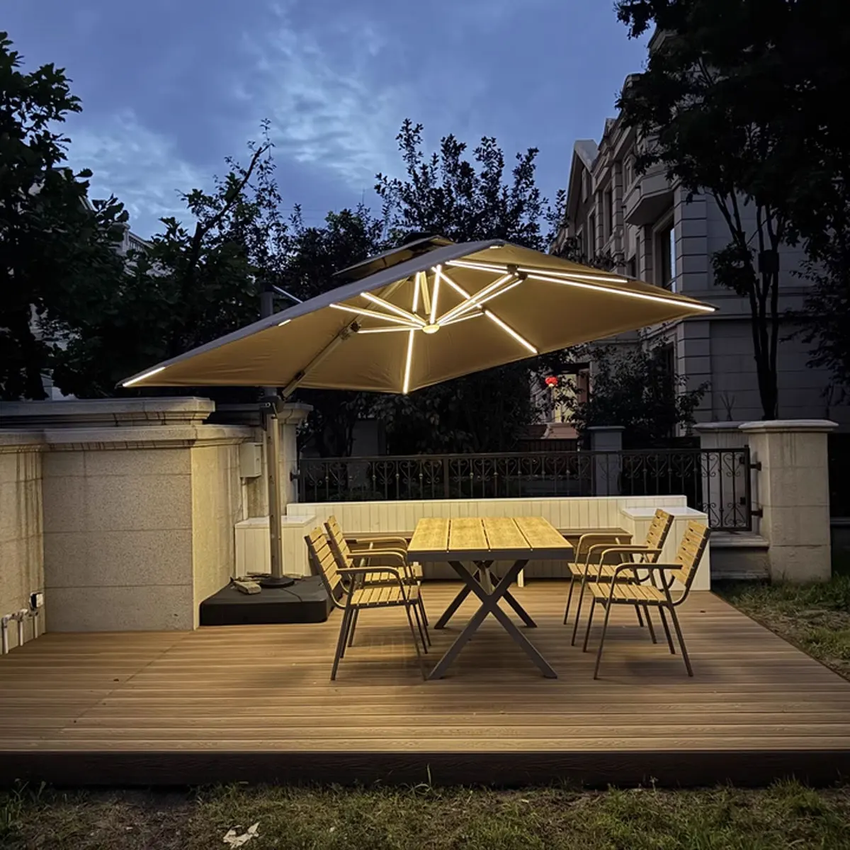 Outdoor parasol with solar lamp for use with patio umbrella and base