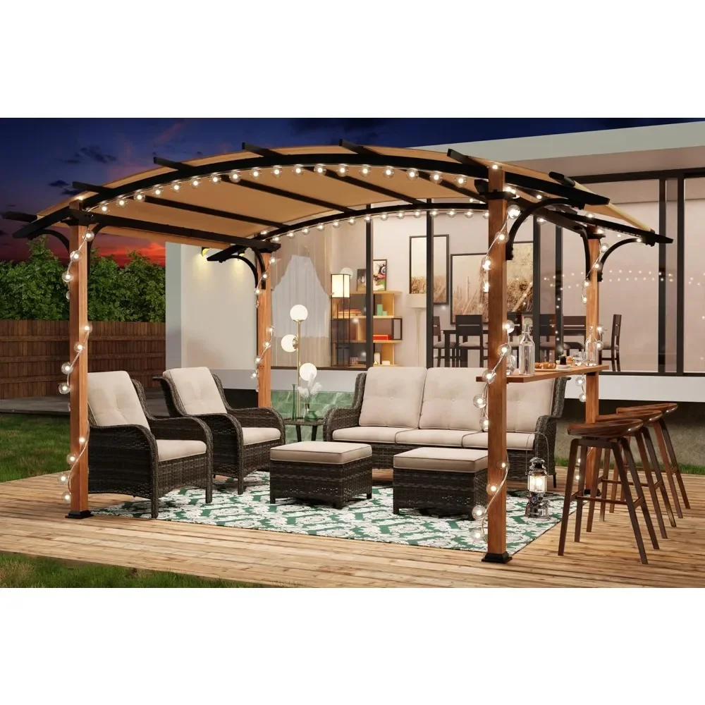 

Patio Pergola 8.5 Ft x 13 Ft Steel Frame Arched Outdoor Pergola with Canopy Shades (Wood Color)