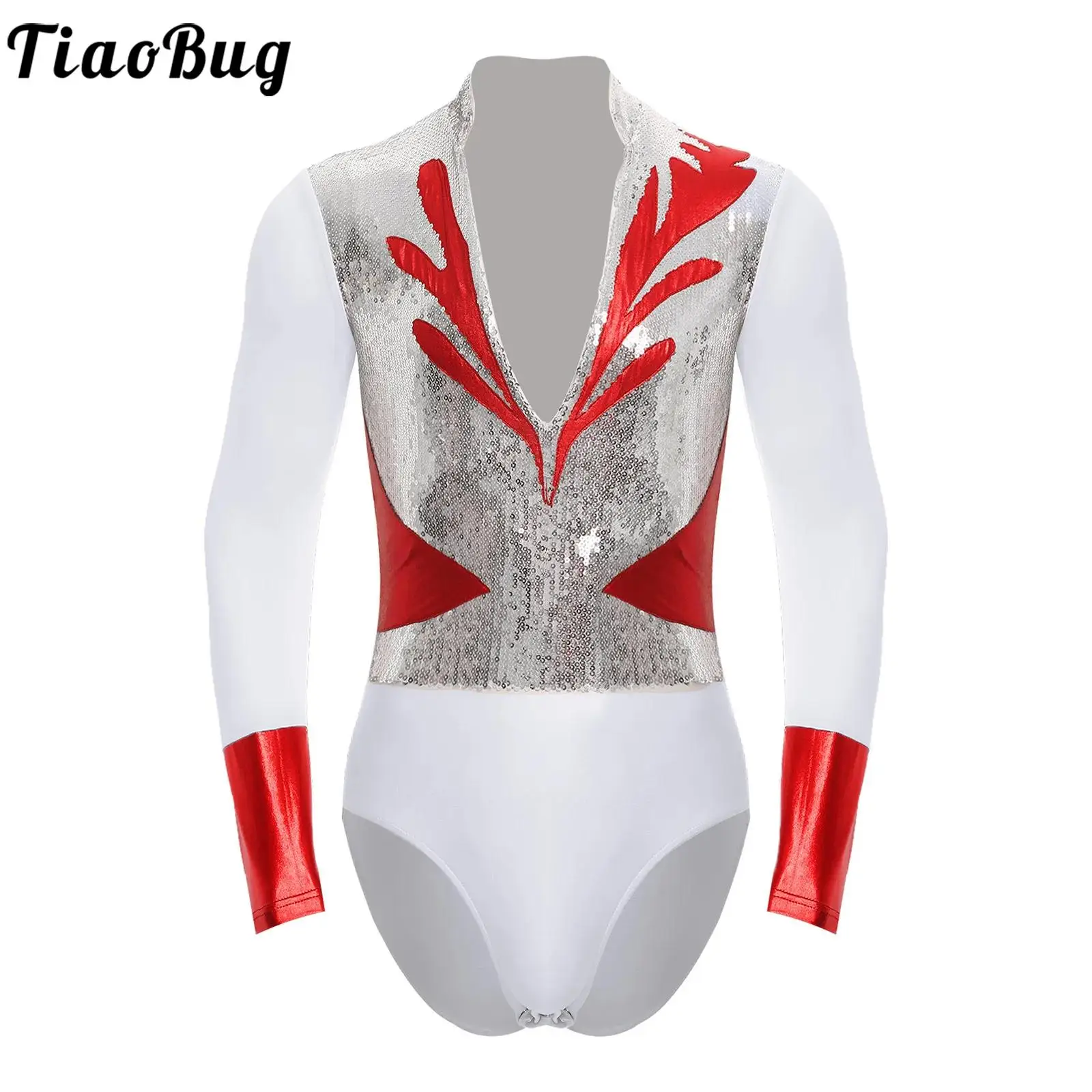 

Men Glittery Latin Jazz Dance Shirts Long Sleeve Sequin Ballet Dance Leotard Ballroom Tango Rumba Gymnastics Bodysuit Dancewear