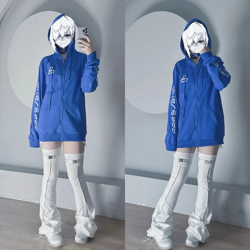 Japanese Long-sleeved Zipper Hoodies Blue Mechanical Spine Print Large Hooded Loose Spring Autumn Thin Sweatshirt Jacket Clothes