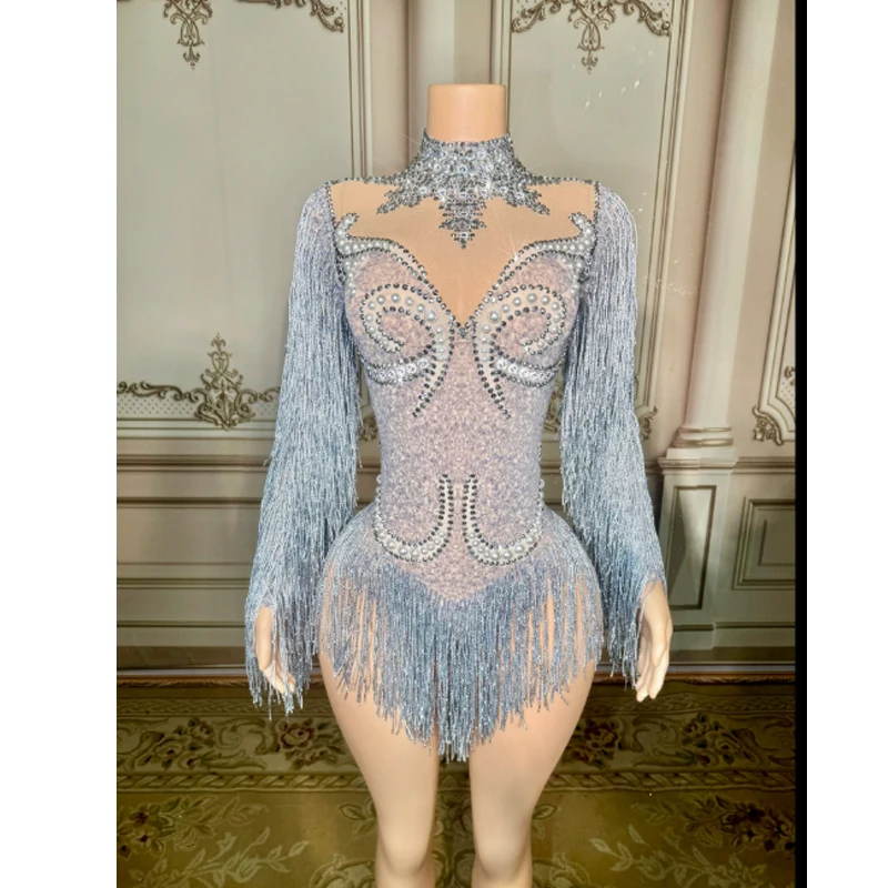 

Sparkly Rhinestones Long Sleeve Fringes Bodysuit Women Sexy Mesh Performance Dance Costume Nightclub Singer Dancer Stage Wear