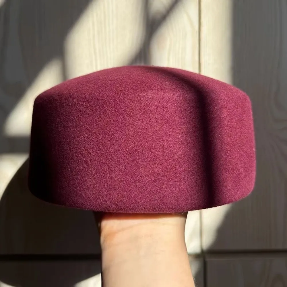 Fashion 100% Wool Top Hat Hard Top Flat Formal Millinery Berets Charming Retro Pillbox Hat for Party
