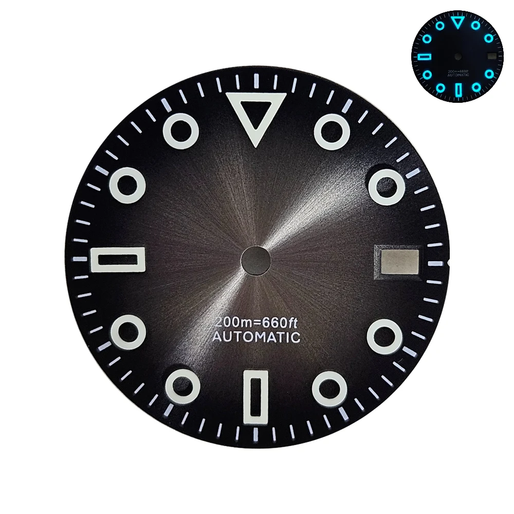 28.5mm Watch Dial with Thick Luminous Markers Black Blue Green Lume for NH35 NH36 Automatic Movement Custom Logo Watch Parts